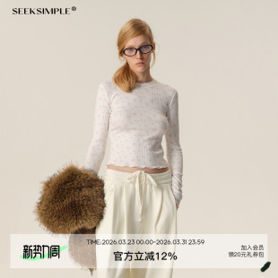 T恤女弹力打底衫 SEEKSIMPLE 针织圆领长袖 小碎花白色正肩短款 冬季