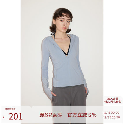 SEEKSIMPLE  自由场域 半门襟拉链连帽设计拼接袖修身长袖t恤上衣