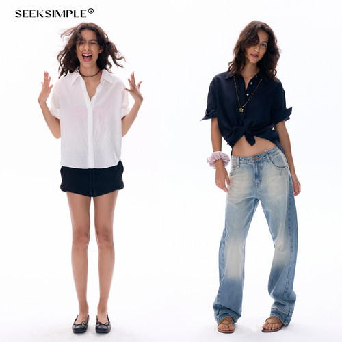 SEEKSIMPLE 亚麻天丝面料|混纺抗皱提升50%|卷边袖宽松休闲衬衫