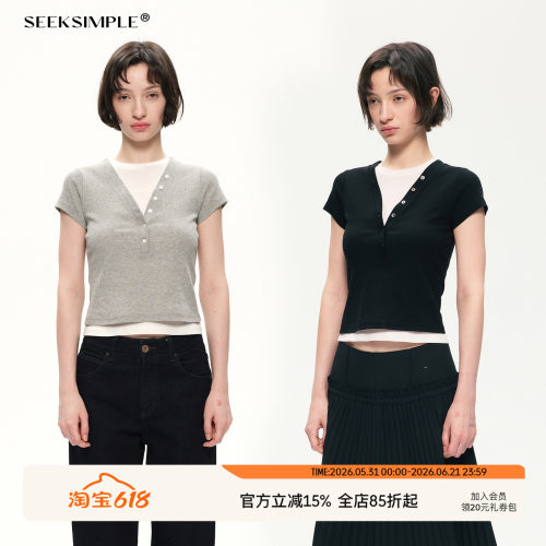 SEEKSIMPLE 高质长绒棉|修身版型|撞色假两件短款T恤短袖上衣