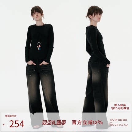 SEEKSIMPLE 多口袋磨损牛仔裤直筒宽松阔腿水洗复古裤子女春秋