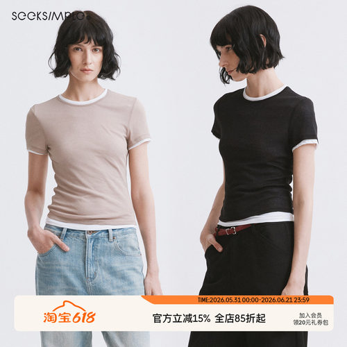 SEEKSIMPLE 轻薄透气棉质假两件叠穿撞色圆领短袖T恤上衣