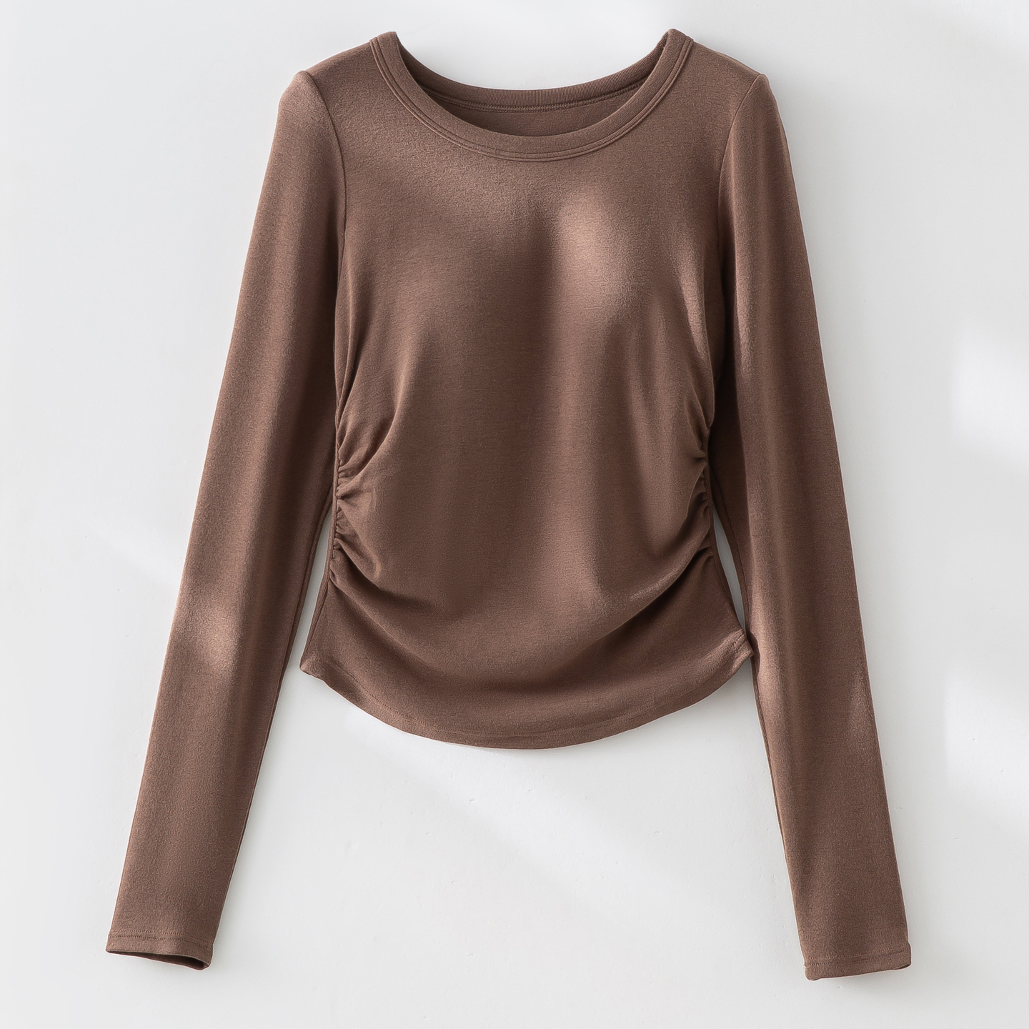 德绒保暖内衣长袖衫弧形下摆褶皱显瘦带胸垫文胸罩杯一体打底上衣