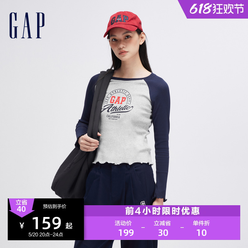 Gap女装2024春季新款logo撞色插肩袖花边长袖T恤针织女友T888456