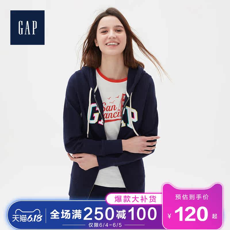 Gap女装休闲拉链卫衣春544926 2020新款LOGO连帽衫潮流上衣