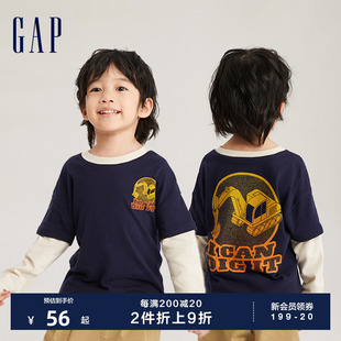 Gap男幼童春秋纯棉舒适假两件长袖 T恤儿童装 亲肤圆领上衣773839