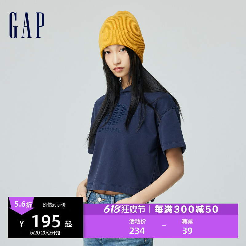 Gap女装2024春夏新款logo简约宽松短袖连帽卫衣套头上衣874526