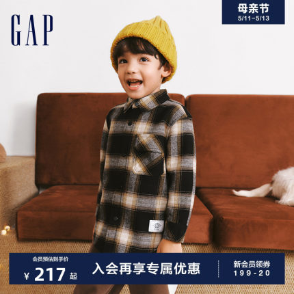 Gap男幼冬季加绒柔软格纹翻领衬衫儿童装时髦洋气休闲上衣837036