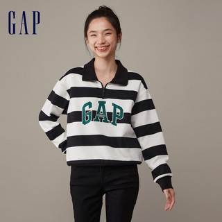 Gap女装春季LOGO宽松廓形条纹POLO衫高级时尚休闲长袖上衣841020