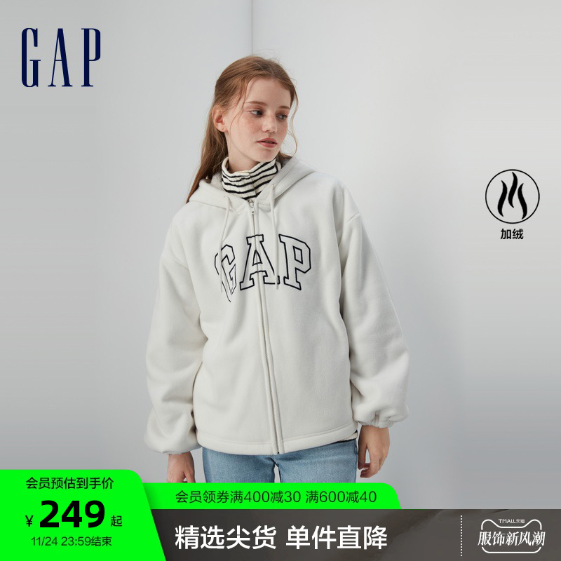 Gap女装秋冬2023新款LOGO珊瑚绒运动卫衣807025保暖加绒连帽衫