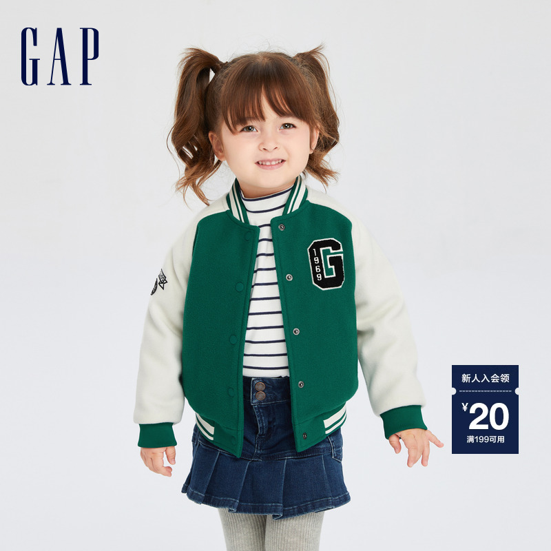 Gap女幼童秋冬LOGO宽松仿毛呢棒球服外套儿童装运动夹克789204