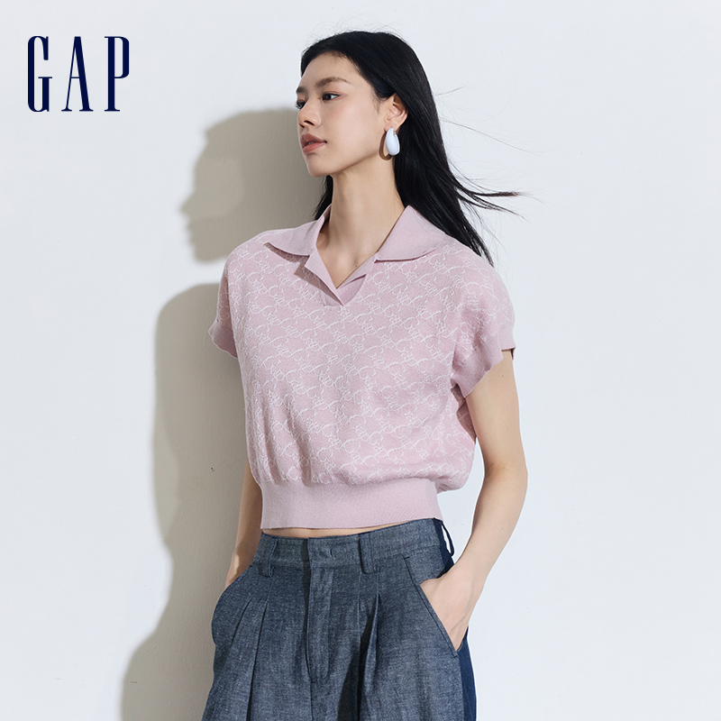 Gap女装2024夏季新款时尚满印logo短袖polo领套头针织上衣874315