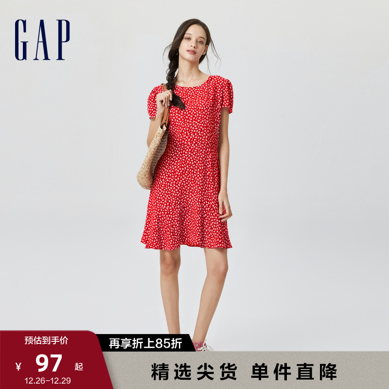 Gap女装夏季2023新款法式圆领修身短袖连衣裙671350气质A字裙