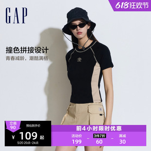 刺绣logo撞色拼接短袖 新款 T恤圆领针织上衣889920 2024夏季 Gap女装