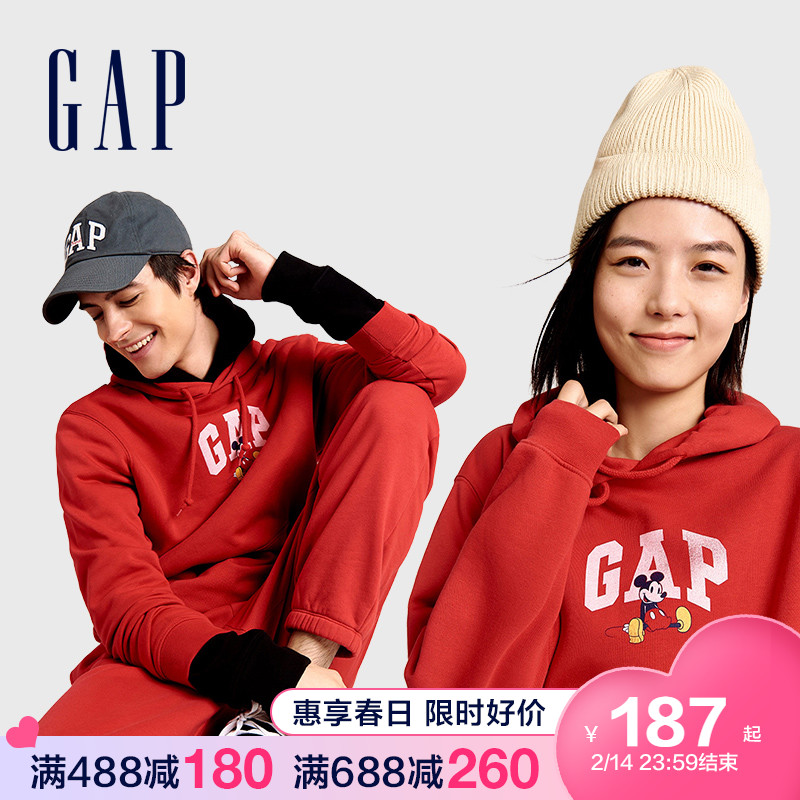 【迪士尼联名】Gap男女装抓绒LOGO套头连帽卫衣778194 春季情侣款