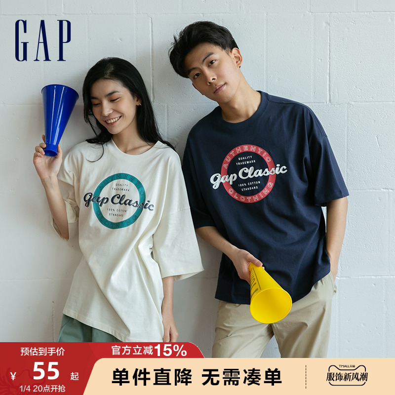 Gap男女装夏季LOGO纯棉落肩短袖廓形亲肤T恤858370时尚情侣装上衣