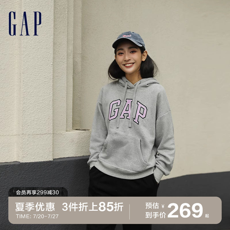 Gap女装秋季款LOGO碳素软磨抓绒运动连帽卫衣445804时尚运动上衣