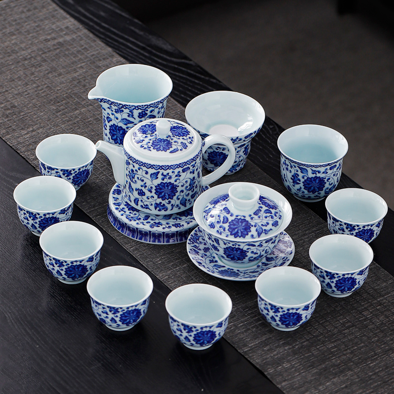 青花瓷缠枝莲悬停盖碗茶具套装