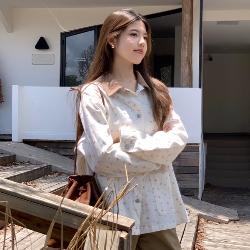 韩范复古小清新别致小碎花奶咖拼色牛仔衬衫外套少女洋气加厚开衫