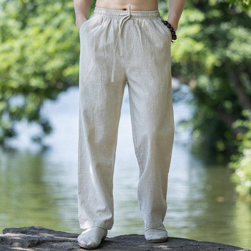 春夏中国风男裤子苎麻棉麻长裤宽松大码中老年唐装直筒亚麻休闲裤