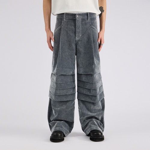 解构风立体剪裁拼接牛仔裤男宽松休闲阔腿裤设计感