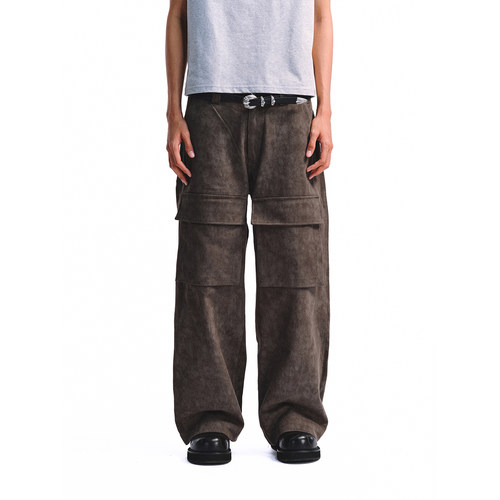 复古麂皮工装裤男宽松阔腿多口袋长裤咖啡色