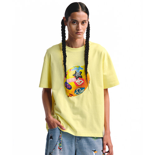 夏季新款黄色短袖T恤男宽松柠檬印花圆领百搭上衣