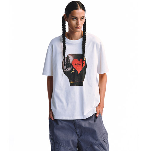 复古街头风拳击手套爱心印花短袖T恤男女宽松百搭上衣