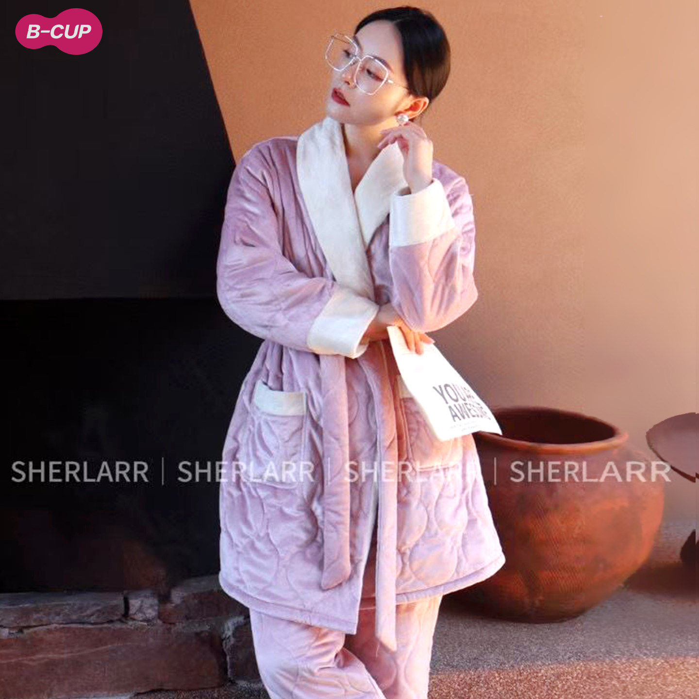 2025新款女真丝夹绒睡袍加绒加厚中长款睡衣绑带显瘦浴袍套装保暖