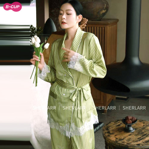 奢拉真丝绿色条纹蕾丝吊带睡裙女