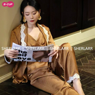 老钱风咖色真丝睡衣三件套女春季 性感吊带睡裙轻奢风蕾丝睡袍 法式