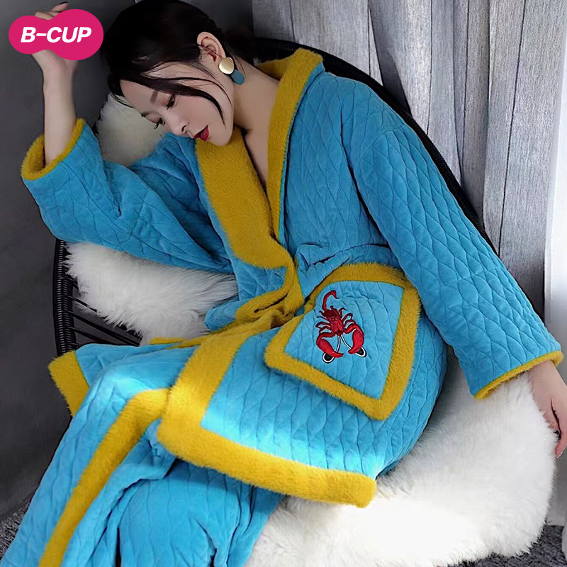 蓝色火烈鸟娃娃领睡衣女冬加绒加厚三层夹棉珊瑚绒睡袍长款可外穿