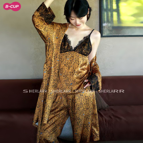 奢拉法式豹纹蕾丝睡袍三件套女