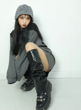 春季新款美式复古街头潮人黑色皮质小腿套百搭休闲时髦袜套裤腿女