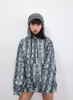 春季新品灰色蛇纹欧美街头潮人嘻哈抓绒宽松中长版连帽卫衣绒衣女