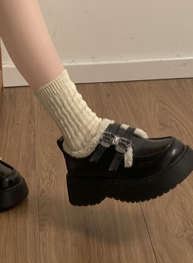 黑色乐福鞋加绒女2025秋冬新款厚底增高英伦风冬季毛毛鞋小皮鞋冬