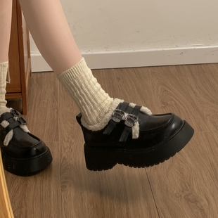 黑色乐福鞋加绒女2025秋冬新款厚底增高英伦风冬季毛毛鞋小皮鞋冬