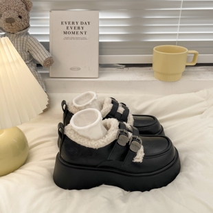 冬季小皮鞋女加绒保暖棉鞋复古jk厚底大头鞋学生休闲单鞋乐福鞋冬
