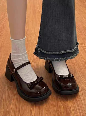 法式复古蝴蝶结玛丽珍鞋女棕色粗跟高跟小皮鞋英伦风洛丽塔jk鞋子