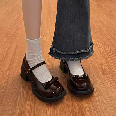 法式复古蝴蝶结高跟玛丽珍小皮鞋