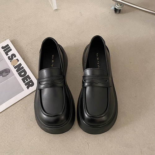 一脚蹬黑色棕色工作鞋厚底小皮鞋