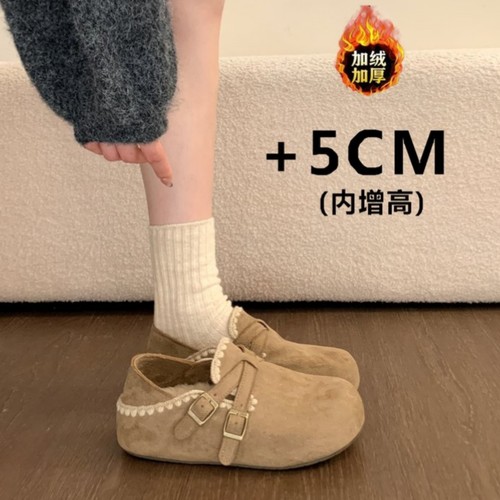 复古棕色厚底勃肯鞋内增高毛毛鞋