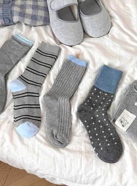【5双装】小波点袜灰色+蓝色配起来是真的有亿点点韩啊！中筒袜子