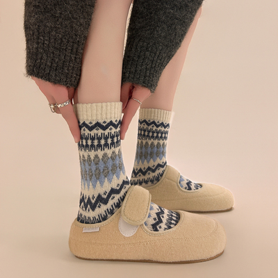 【5双装】降温啦~费尔岛菱格羊毛袜来咯~复古文艺风冬季保暖袜女