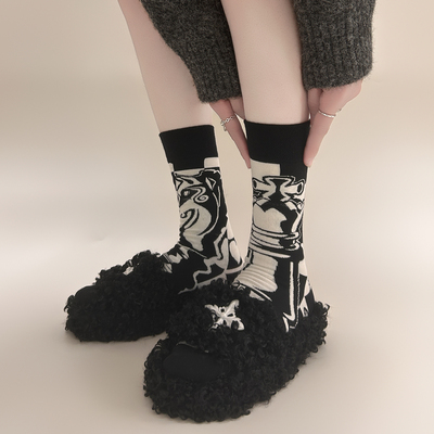 左右脚不对称AB袜子女新款卡通原创个性中筒嘻哈男女情侣鸳鸯棉袜