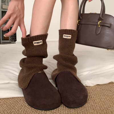 【4双装】复古老钱风+开衩咖色袜套够高级~秋冬简约中长堆堆袜套