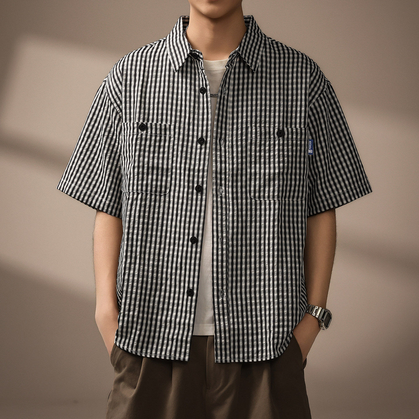 高端美式泡泡纱短袖衬衫男士2026夏季新款复古格子工装翻领衬衣男