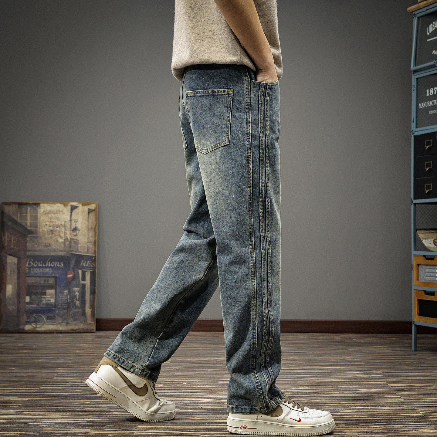 2026春季新款条纹拼接牛仔裤男春秋重磅复古水洗潮牌宽松直筒长裤
