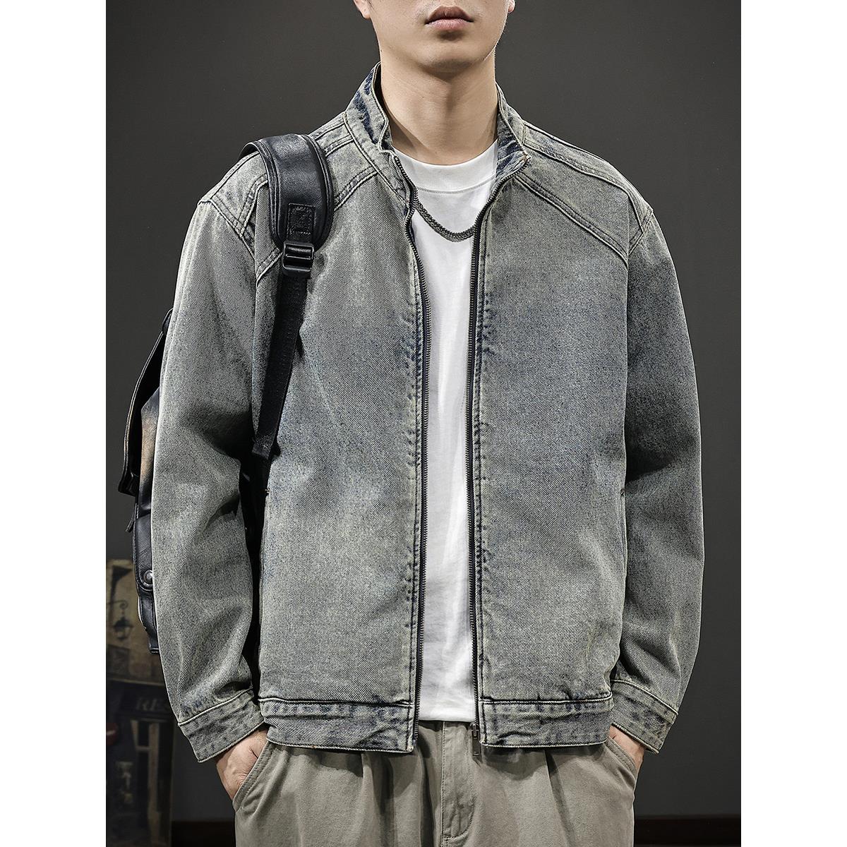 美式复古重结构水洗做旧牛仔夹克男秋季新款立领休闲宽松长袖外套