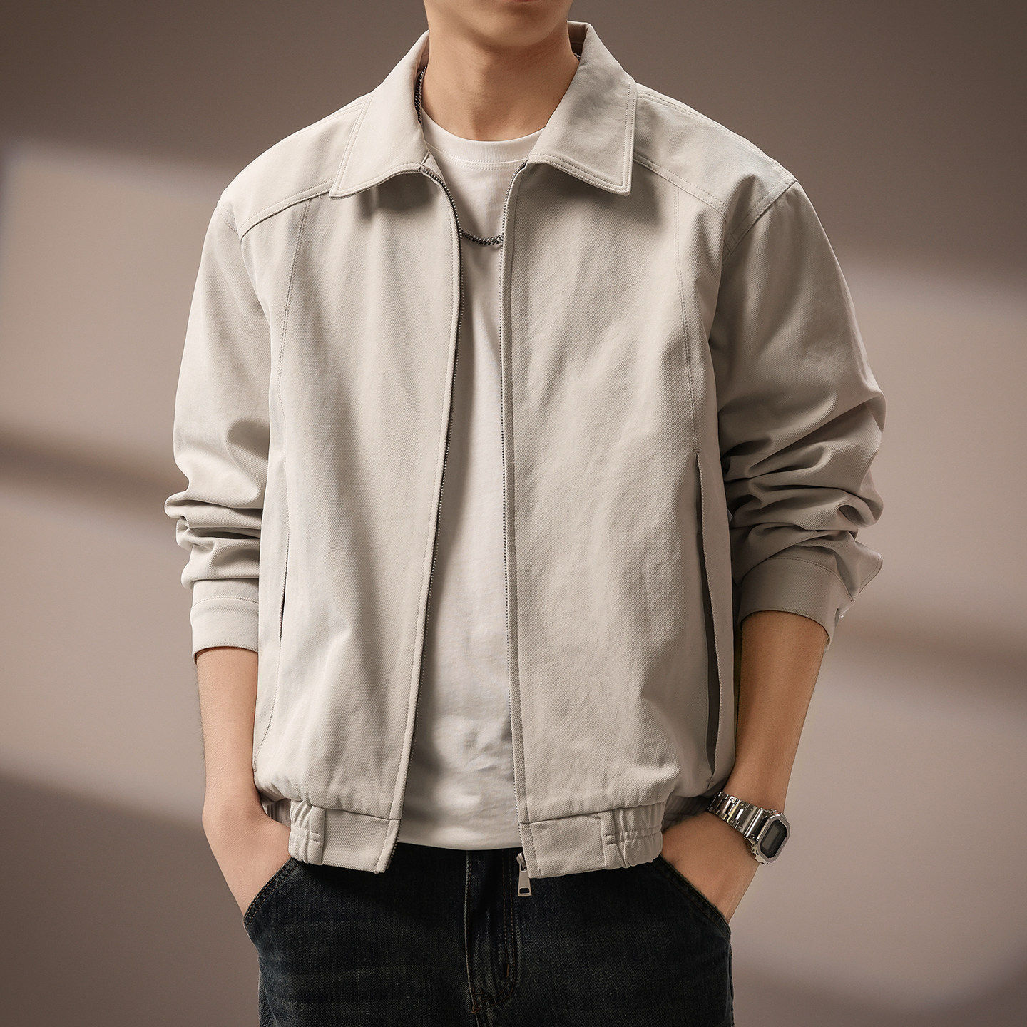 高端美式复古老钱风行政夹克男2026春秋新款通勤翻领飞行员外套男